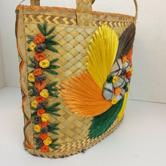 VTG Woven Straw Sea Shell Wicker Beach Tote Market Bag Raffia Floral Colorful - Picture 12 of 12